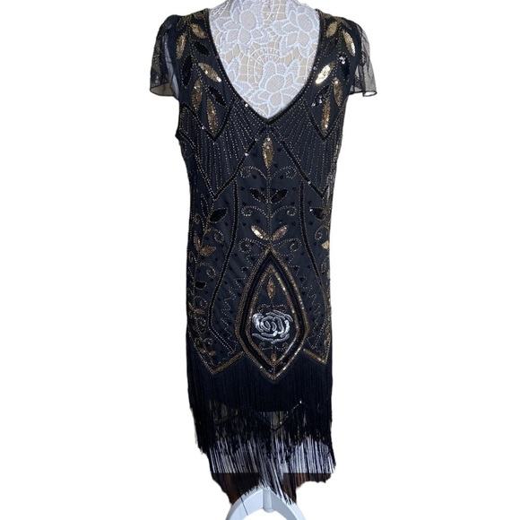 NWT Vision For Innovation Black Gold Sequin Dress 1920’s Gatsby Style costume - Picture 2 of 6